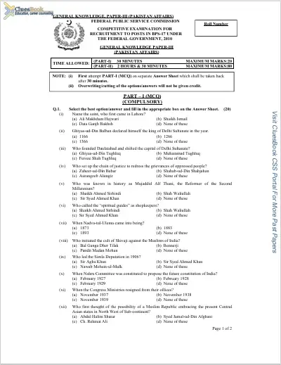 Pakistan Affairs CSS Past Papers 2010 15 Pakistan Affairs CSS Past Papers 2010