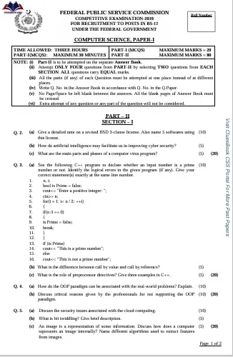 Past Paper of Computer Science CSS 2019 1 Past Paper of Computer Science CSS 2019