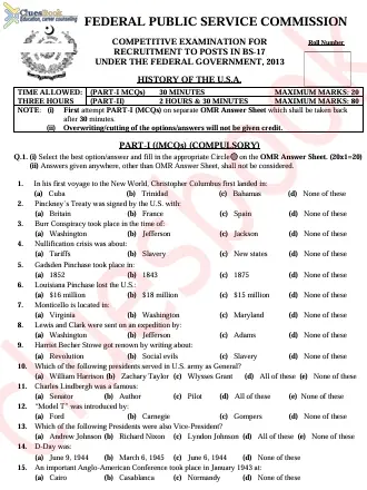 Past Paper of History of USA CSS 2013