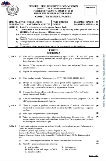 Past Papers Of Computer Science In CSS 2020