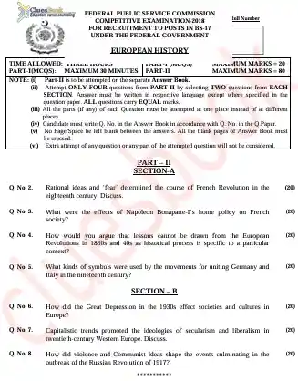 Past Papers of European History CSS Paper 2018