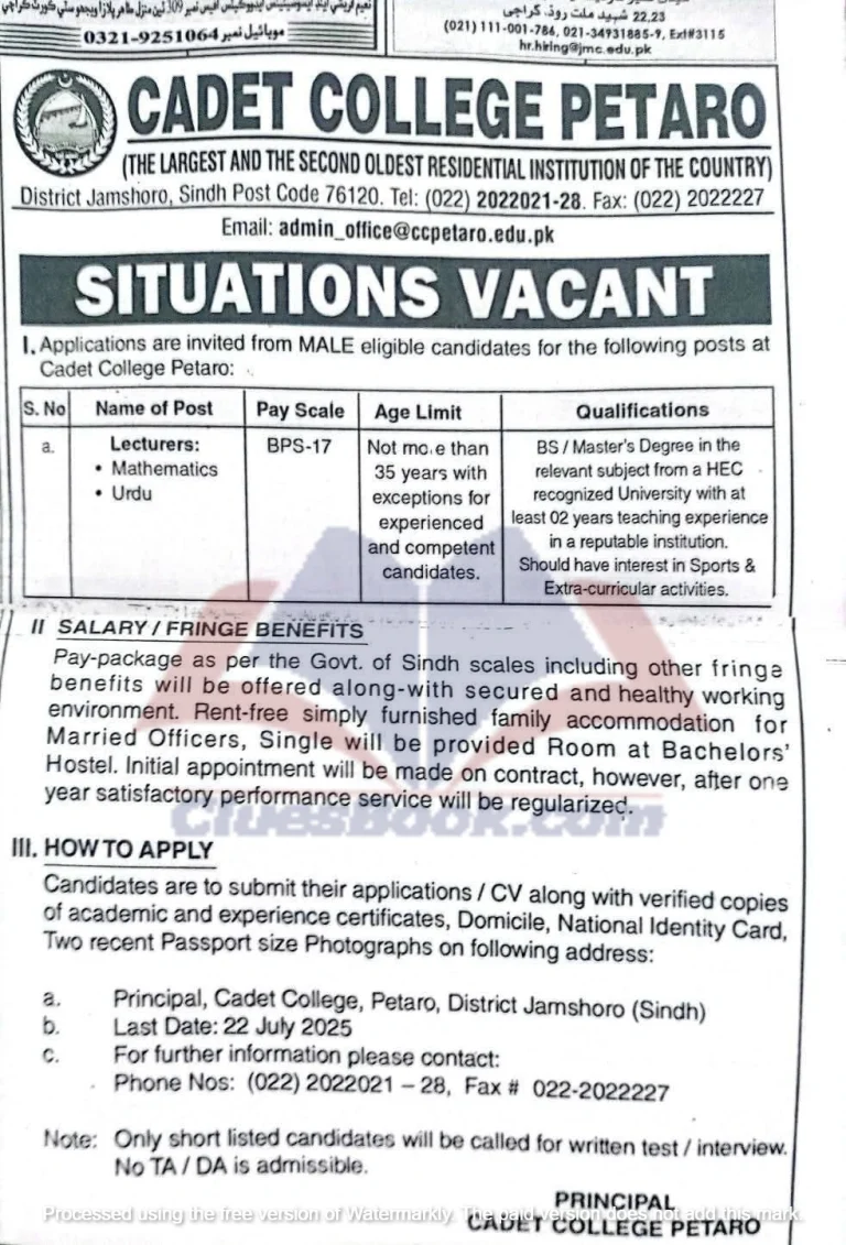 Petaro Cadet College Jobs 2025 (Lecturer Jobs) 9 Petaro Cadet College Jobs 2025 (Lecturer Jobs)