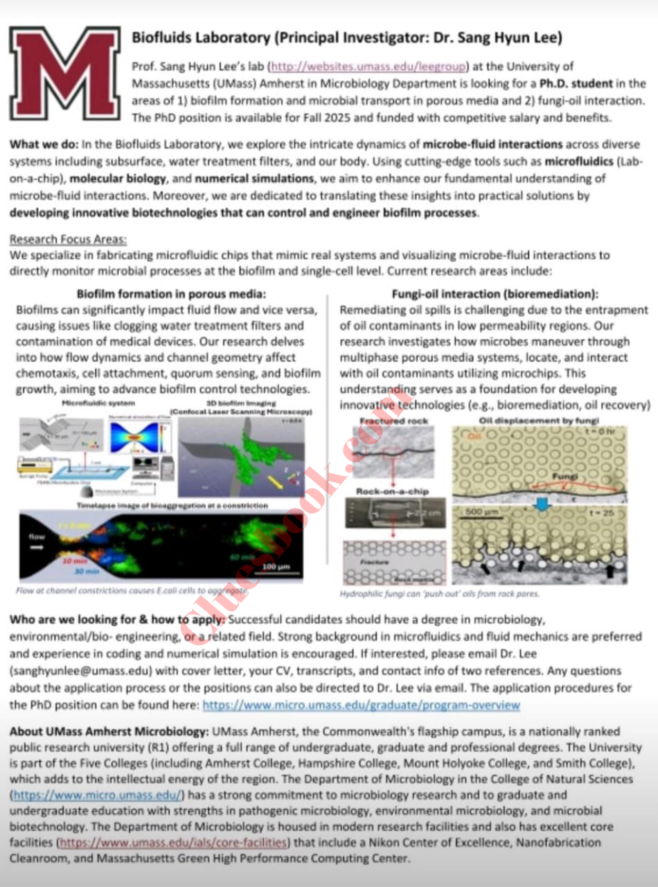 PhD Positions in United States at UMass Biofluids Lab (Fall 2025) 1 PhD Positions in United States at UMass Biofluids Lab
