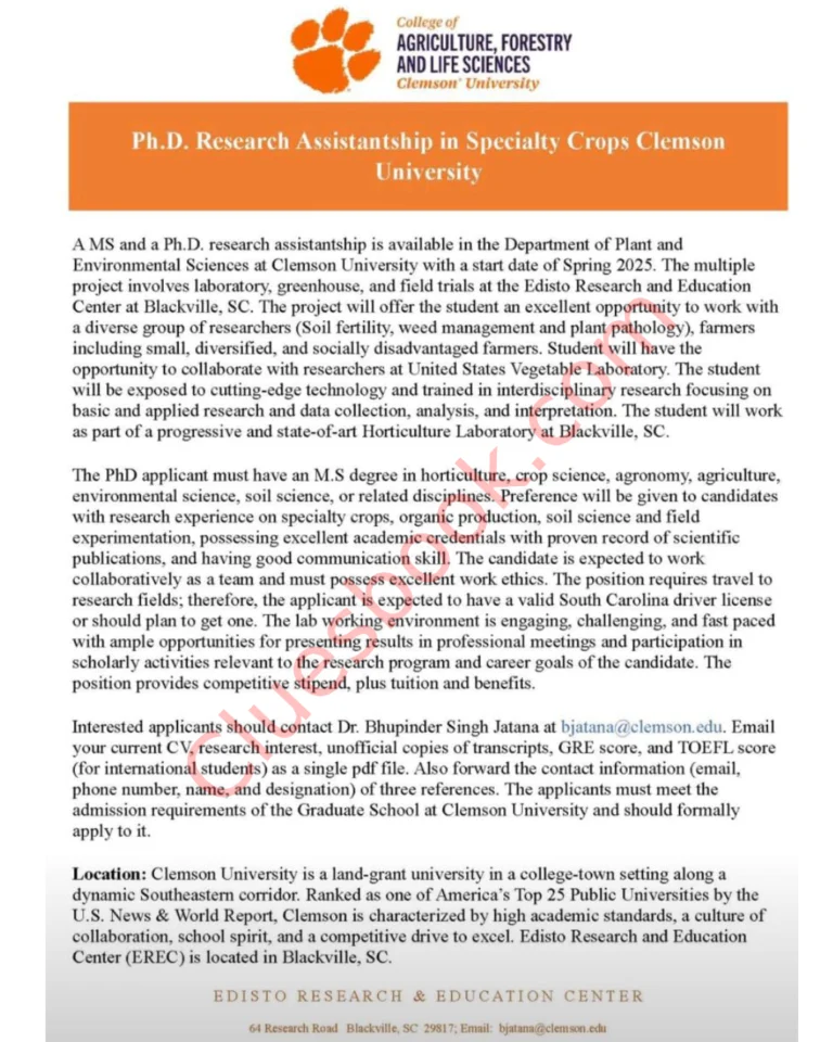 PhD Research Assistant Position at Clemson University in USA