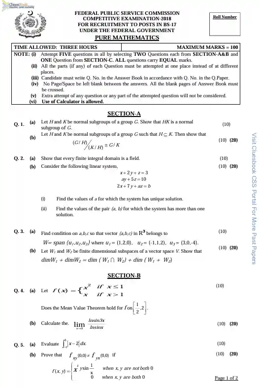 Pure Mathematics CSS Paper 2018