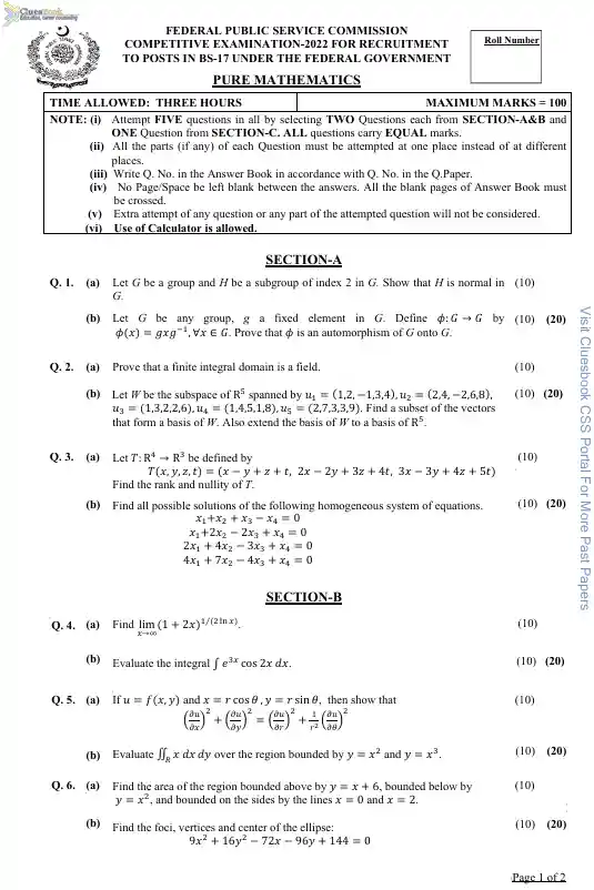 Pure Mathematics CSS Past Papers 2022