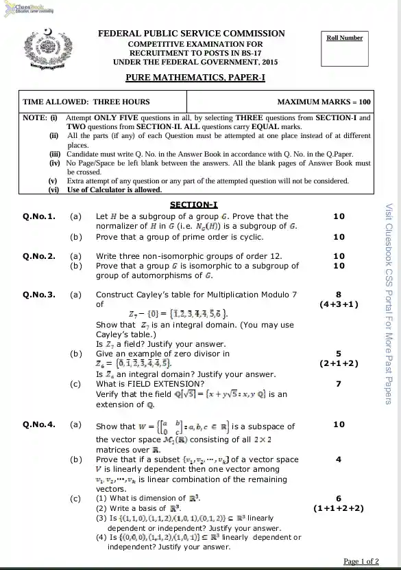 Pure Mathematics Past Papers CSS 2015