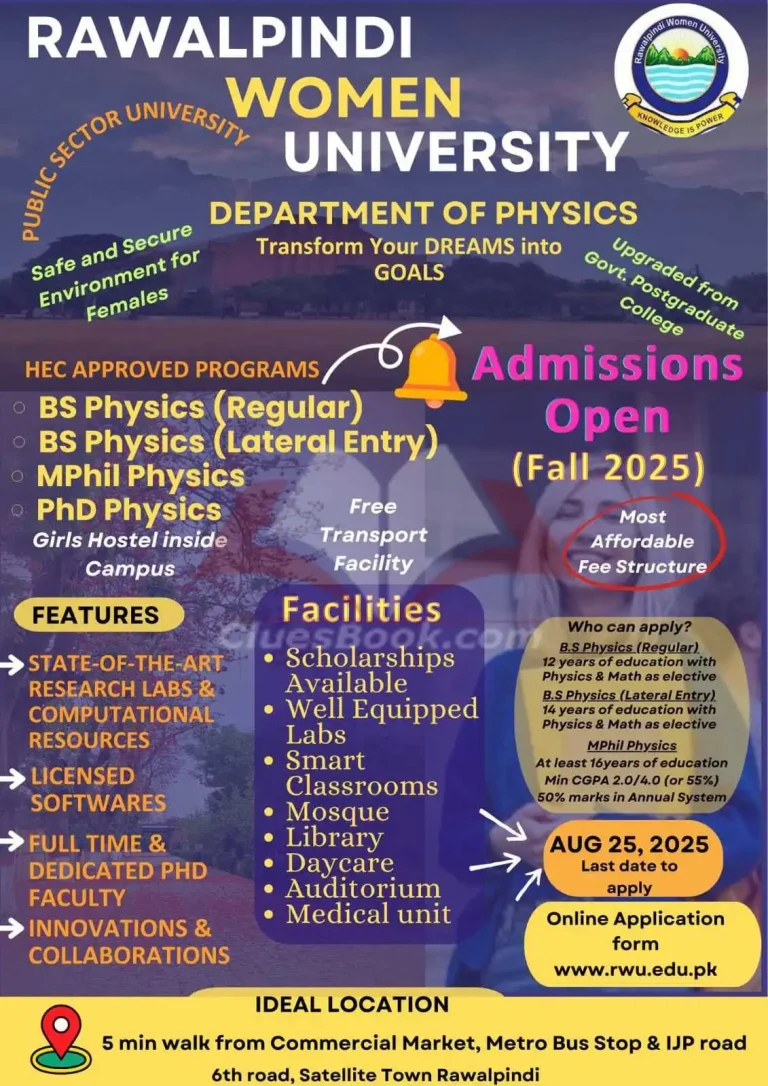 RWU Physics Admissions 2025 1 RWU Physics Admissions Fall 2025, BS, MPhil, PhD programs. Apply by Aug 25. Scholarships, hostel, free transport available.