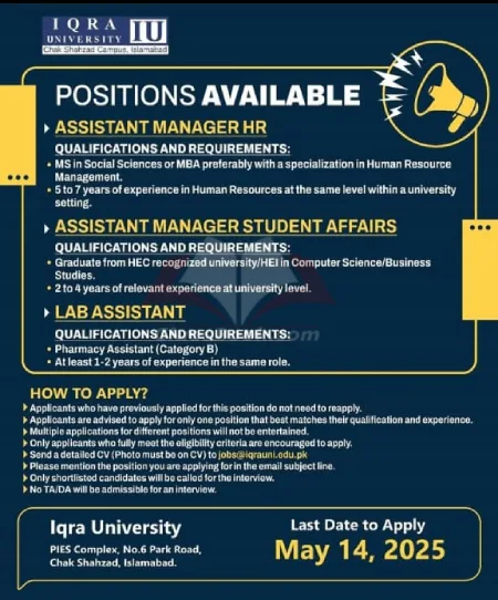 Recent Teaching Jobs At Iqra University Islamabad 2025