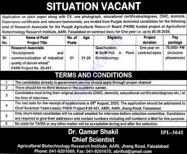 Research Associate Jobs in Plant Biotechnology Faisalabad by 8 Aug 2025 3 Research Associate Jobs in Plant Biotechnology Faisalabad by 8 Aug 2025