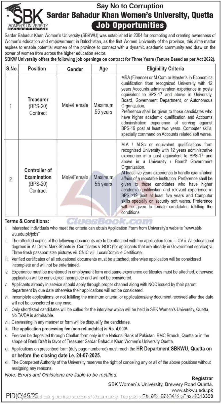 SBKWU Quetta Jobs 2025 | Treasurer & Controller Vacancies 4 SBKWU Quetta Jobs 2025