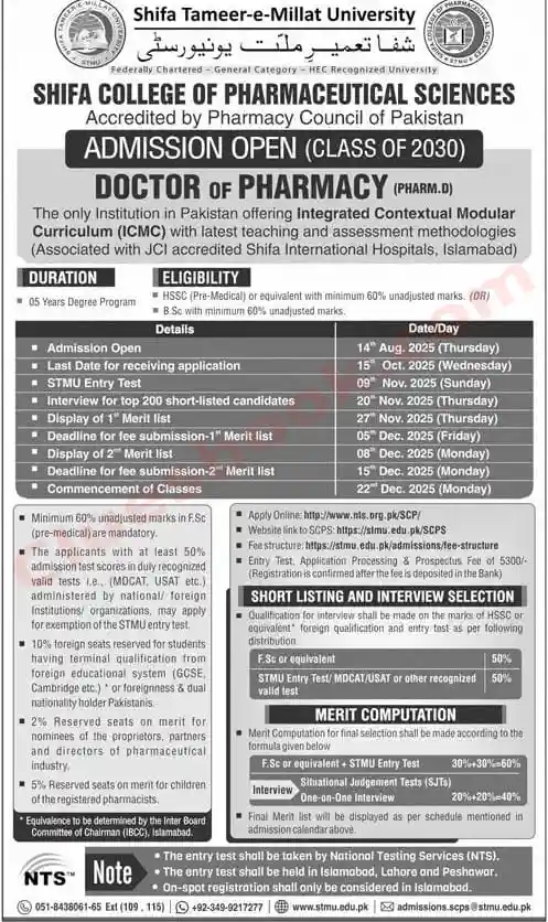 Shifa College of Pharmaceutical Sciences Admissions 2025