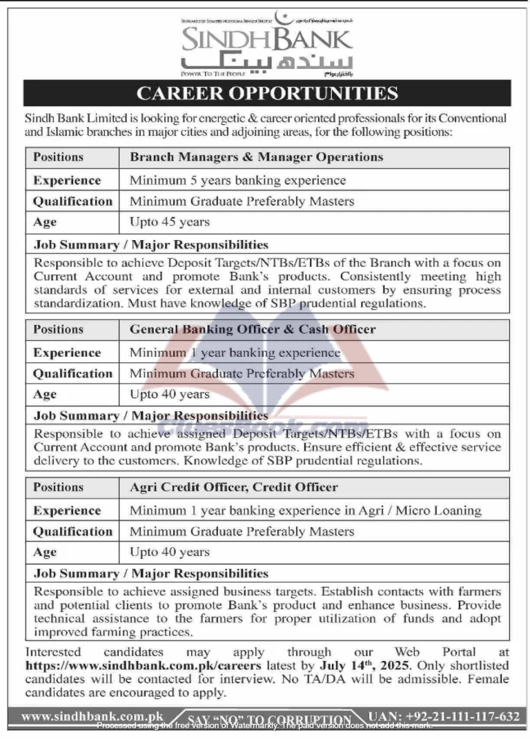 Sindh Bank Jobs 2025 | Officers Vacancies Across Pakistan 14 Sindh Bank Jobs for Officers Across Pakistan 2025