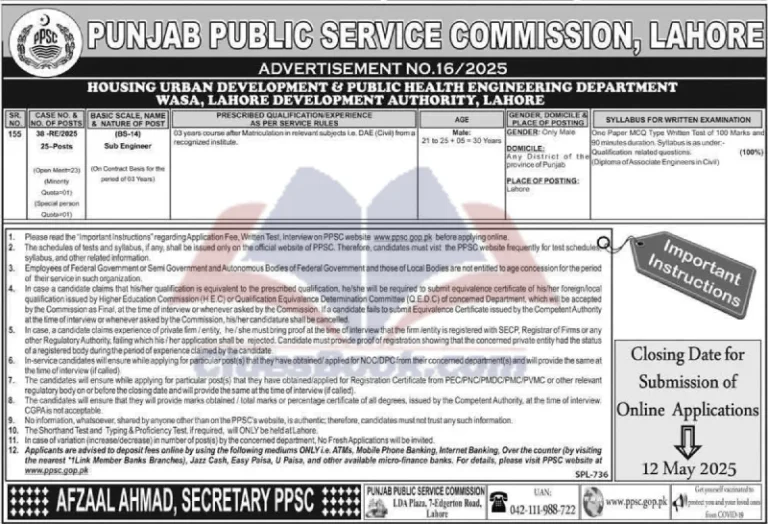 Sub Engineer PPSC Jobs 2025 - Apply Online 3 Sub Engineer PPSC Jobs