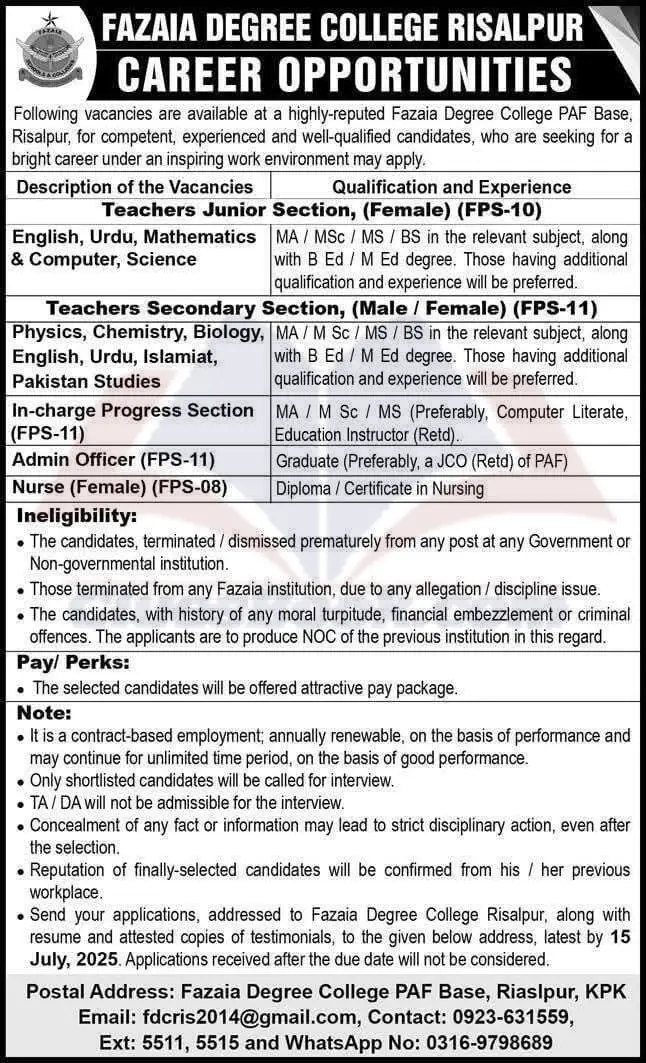 Teaching & Admin Jobs at Fazaia Degree College Risalpur 2025