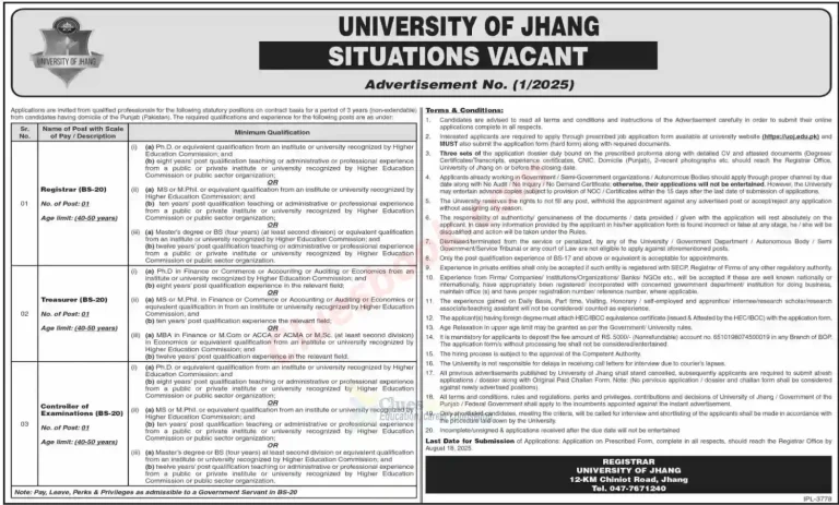 Registrar, Treasurer & Controller Jobs at University of Jhang 18 Aug 2025 2 Treasurer & Controller Jobs at University of Jhang 18 Aug 2025