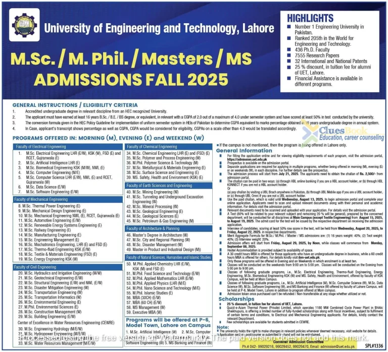 UET Lahore Admissions for MS/MPhil Fall 2025 3 UET Lahore Admissions for MS/MPhil Fall 2025