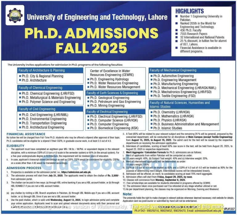 UET Lahore Admissions for PhD Fall 2025 2 UET Lahore Admissions for PhD Fall 2025