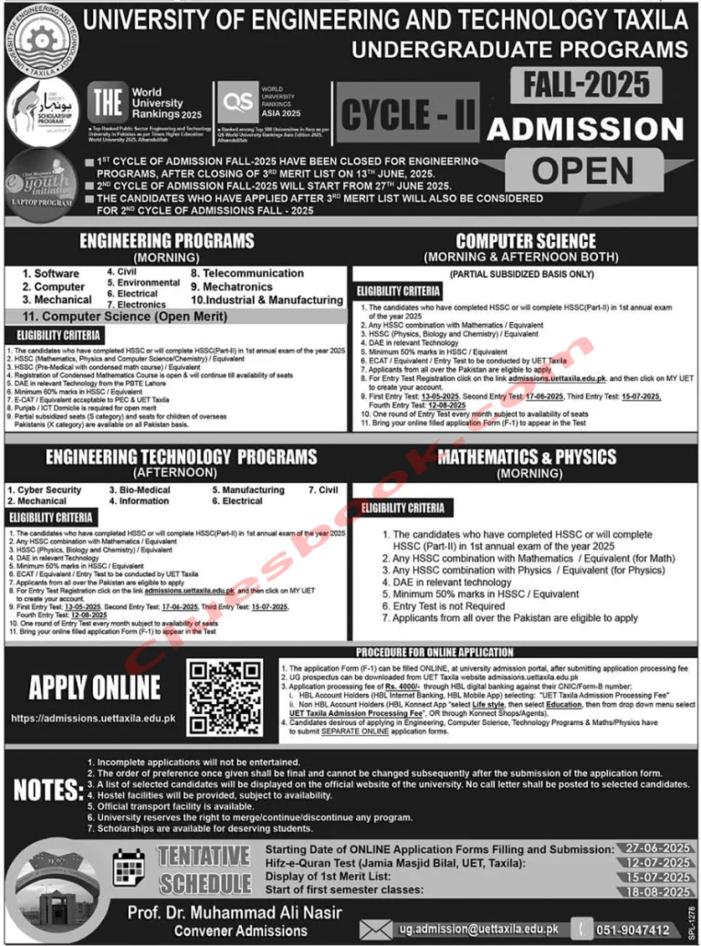 UET Taxila Admissions Fall 2025