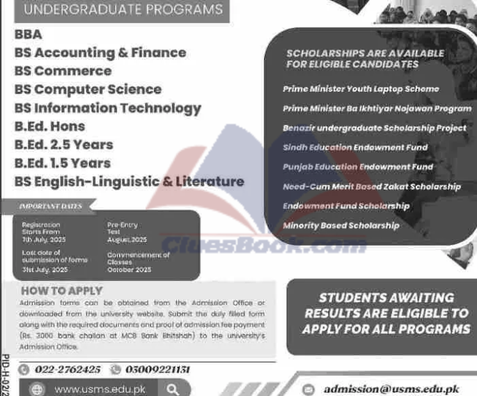 University of Sufism & Modern Sciences (USMS Admissions-2025) for BS & B.Ed 1 USMS Admissions for BS & B.Ed 2025 | CluesBook
