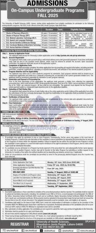 University of Health Sciences Lahore Admissions Fall 2025 (UHS Lahore Admissions) 1 University of Health Sciences Lahore Admissions Fall 2025 (UHS Lahore Admissions)