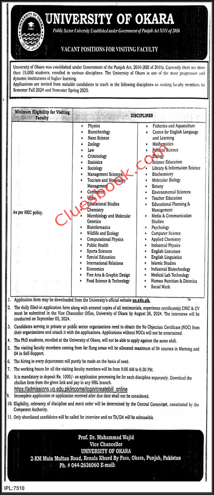 University of Okara Jobs 2024 Visiting Faculty Jobs