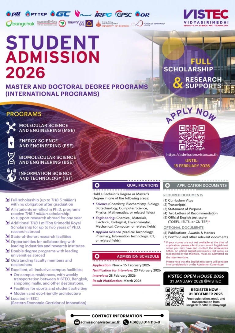 VISTEC University Scholarship 2026 Fully Funded Thailand
