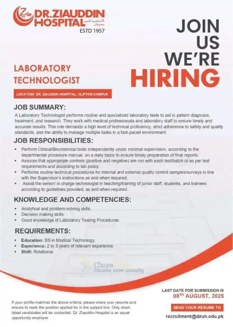 Ziauddin Hospital jobs for Laboratory Technologist Apply by 8 Aug, 2025 13 Ziauddin Hospital jobs for Laboratory Technologist Apply by 8 Aug, 2025