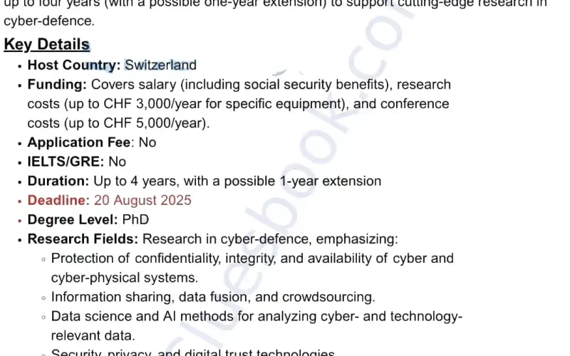 Fully Funded CYD PhD Fellowships in Switzerland 2025