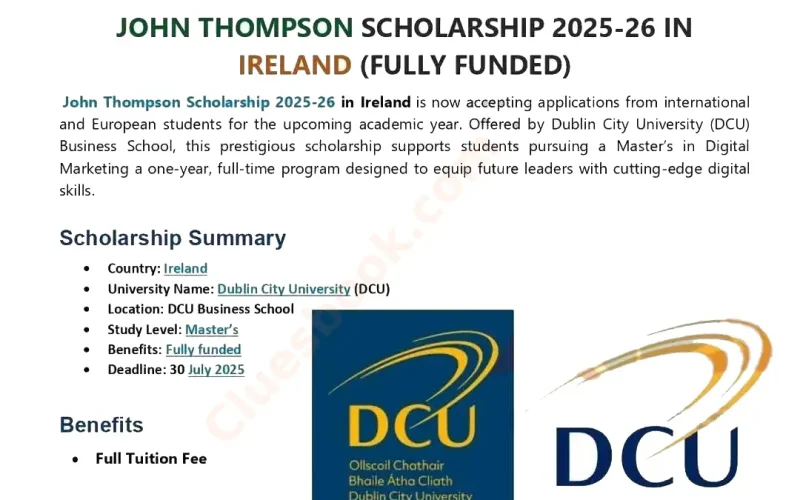 Fully Funded John Thompson Scholarships in Ireland 2025