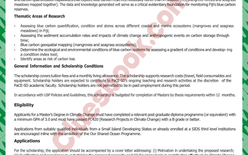 Fully Funded MSc Scholarship at USP Fiji
