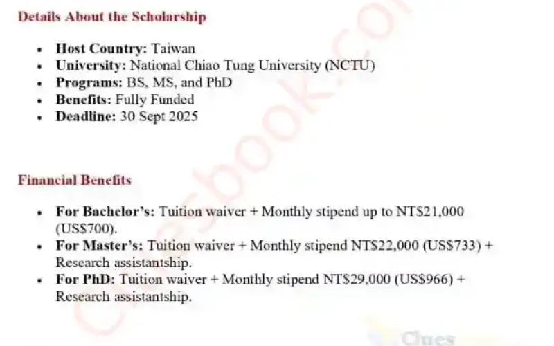 Fully Funded National Chiao Tung Scholarship in Taiwan 2025