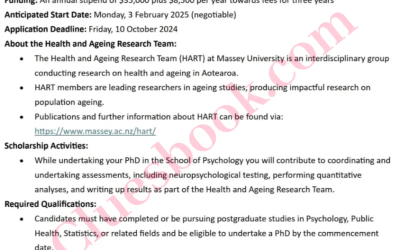 Fully Funded PhD Scholarships in New Zealand in Ageing Study