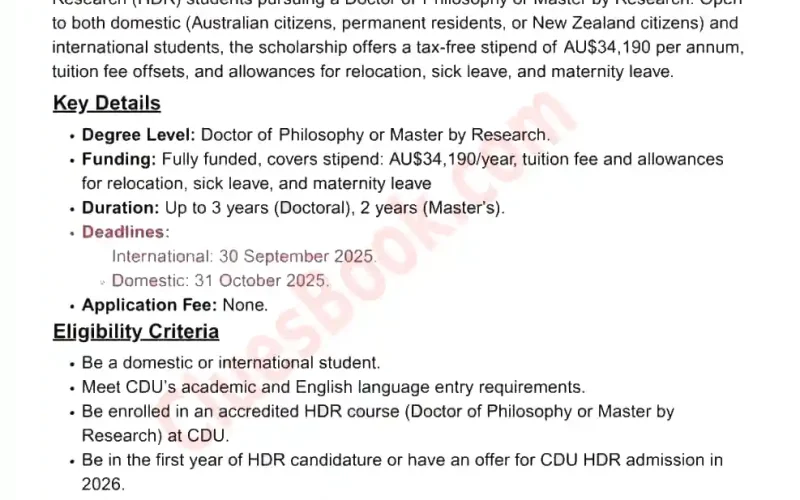 Fully Funded Scholarship for MS & PhD at Charles Darwin University 2026