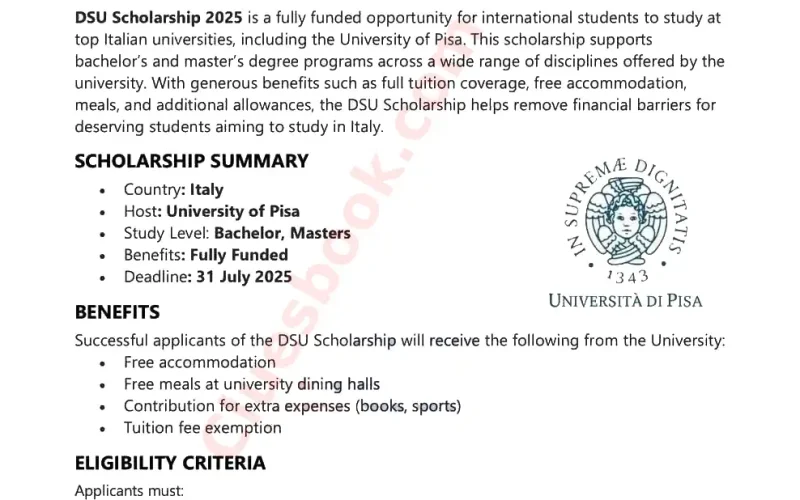 Fully Funded Scholarships at University of Pisa DSU 2025-26