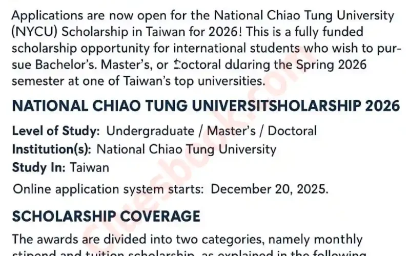 National Chiao Tung University Scholarship 2026 (Study in Taiwan)