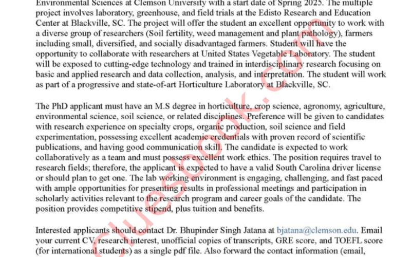 PhD Research Assistant Position at Clemson University in USA