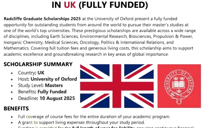 Radcliffe Graduate Scholarships in UK 2025