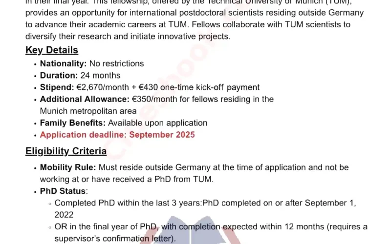 TUM Postdoc Fellowship in Germany for international Students 2025 (Fully Funded)
